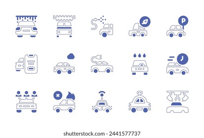 Car icon set. Duotone style line stroke and bold. Vector illustration. Containing wash, parking lot, rental, arrival, rental, manufacturing, eco, electric, car, rc car, car on fire
