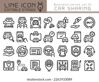 Juego de iconos vectoriales de uso compartido de automóviles. Icono de línea modificable.