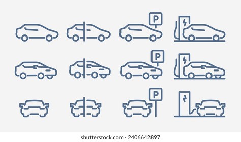 Car icon set editable stroke. A parking space and a gas station or charging station. Simple vector icons. Graphic flat line signs isolated on white.
