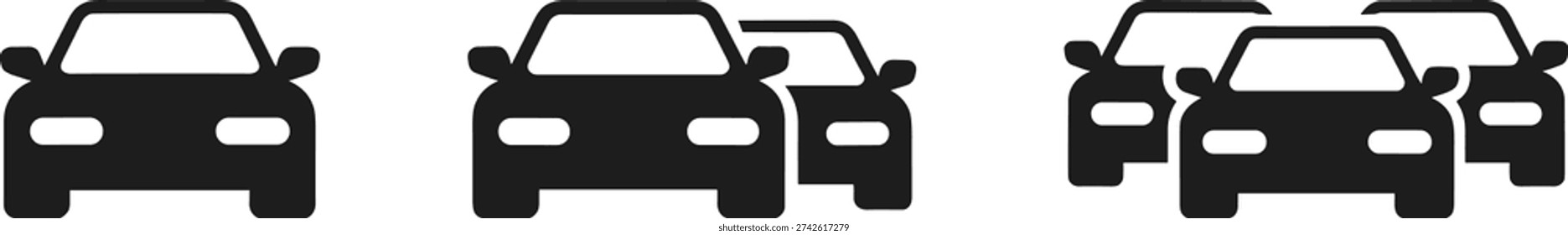 Car icon set featuring single automobile and traffic jam symbols in simple solid style. Ideal for transport themes, driving apps, urban mobility concepts, road congestion graphics, and transportation design projects.
