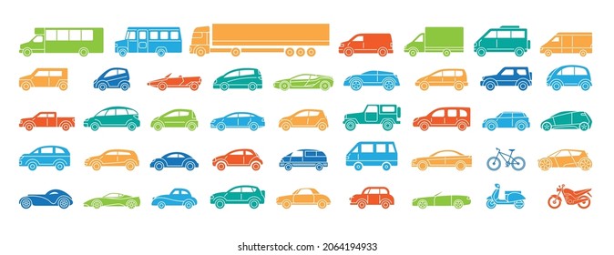 Car icon set in flat style. Vector silhouette illustration. Collection of abstract modern symbols isolated on a white background. Simple signs for logo, card, decoration.