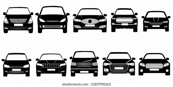 Car icon set. Front look. Vehicle silhouette isolated on white background
