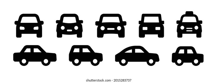 Car icon set. Front view and side view vehicle vector symbol isolated on white background.