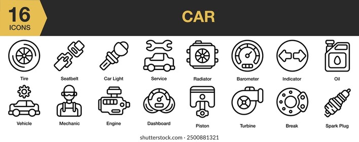 Car icon set. Includes car light, engine, tire, service, radiator, piston, and More. Outline icons vector collection.