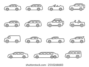 Conjunto de iconos de coche. Dibujo de líneas. Ilustración vectorial