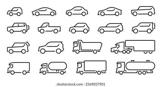 Car icon set. Linear car icons collection. Transport  icons trendy line style. Transportation line icons. Vehicle icon set