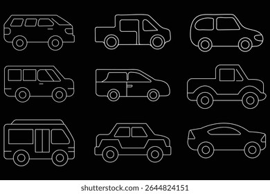 Icône de voiture ensemble dans un style linéaire isolée sur fond noir. eps10