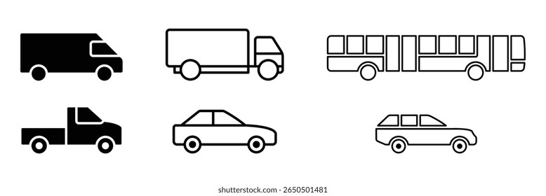 Conjunto de iconos de coche en estilo lineal. Símbolo de transporte. Ilustración vectorial. EPS 10