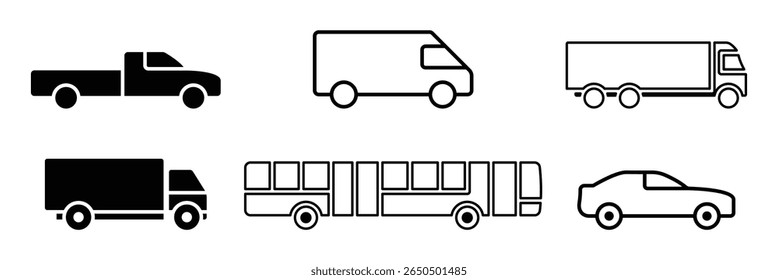 Conjunto de iconos de coche en estilo lineal. Símbolo de transporte. Ilustración vectorial. EPS 10