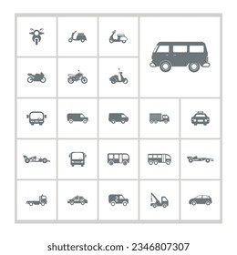 Car icon set with mini van, motorcycle, bus