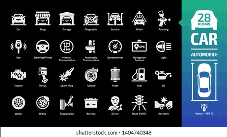 Car icon set on a black background with basic automotive symbols: automobile, auto service, wash & shop, vehicle repair, steering wheel, manual & automatic transmission and more glyph sign.