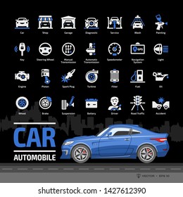 Car icon set on a black background with blue coupe automobile mockup and basic automotive symbols: auto service, wash & shop, garage, vehicle repair, wheel & tyre, oil & fuel and more glyph signs.