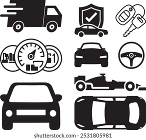 conjunto de iconos de coche. piezas de coche, llave, motor, garaje privado, iconos de vectores de cuatro ruedas. Ilustración de colección. Conjunto de silueta de equipo de cuatro ruedas