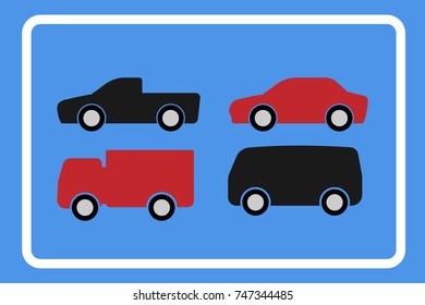 Car icon set with red and black on blue background with white border, Truck,Pickup,Van,Sedan. Automotive icon concept. Vector illustration design EPS10