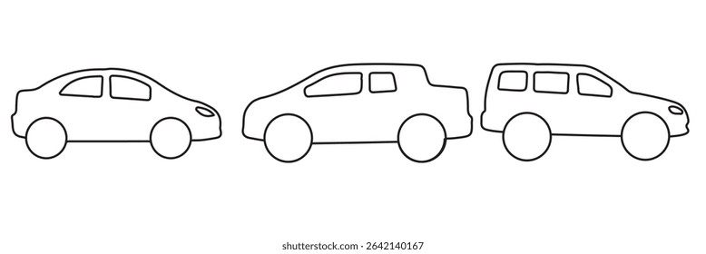 Car icon set. Simple and detailed auto symbol in different styles. Automobile vector illustration. Vehicle sign. Sedan silhouette. Black car graphic design concept.
