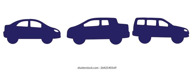 Car icon set. Simple and detailed auto symbol in different styles. Automobile vector illustration. Vehicle sign. Sedan silhouette. Black car graphic design concept.