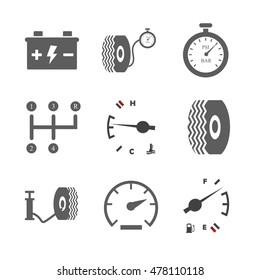 Car icon set. Tire icon. Tire compressor. Car battery. Fuel level. Temperature icon. Speed icon. Vector illustration