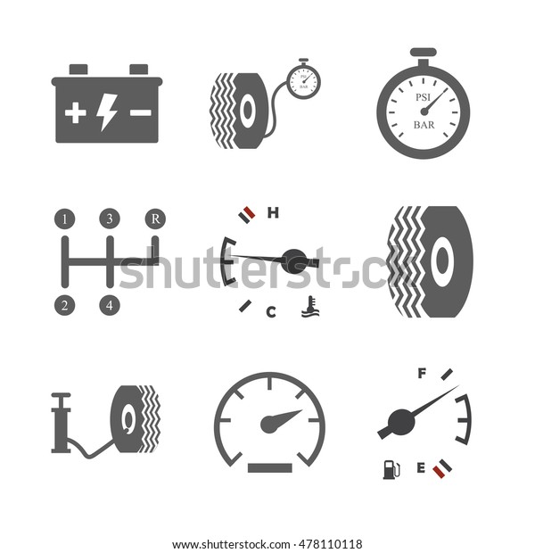 Car\
icon set. Tire icon. Tire compressor. Car battery. Fuel level.\
Temperature icon. Speed icon. Vector\
illustration