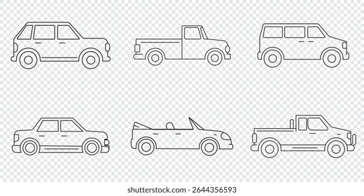 Ícone de carro definido. Transporte, símbolo de transporte em estilo linear. Vetor retrô