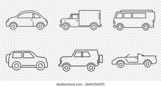 Ícone de carro definido. Transporte, símbolo de transporte em estilo linear. Vetor retrô