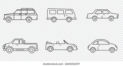 Ícone de carro definido. Transporte, símbolo de transporte em estilo linear. Vetor retrô
