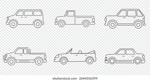 Ícone de carro definido. Transporte, símbolo de transporte em estilo linear. Vetor retrô