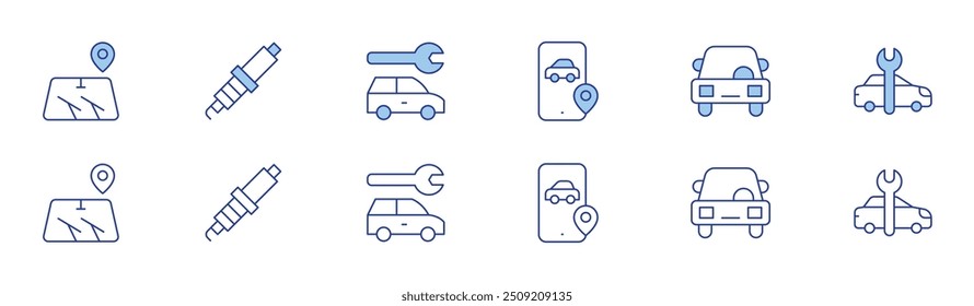 Car icon set in two styles, Duotone and Thin Line style. Editable stroke. wiper, spark plug, phone.