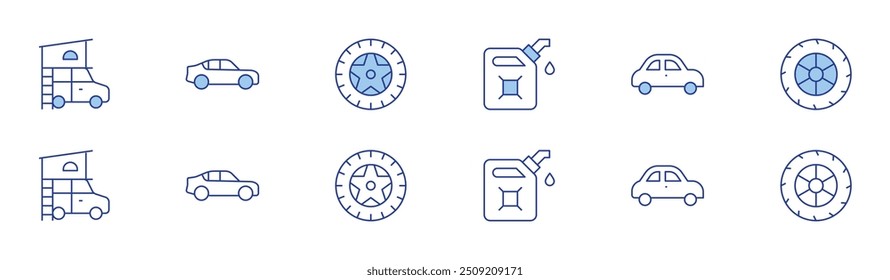 Car icon set in two styles, Duotone and Thin Line style. Editable stroke. fuel, car, tire.