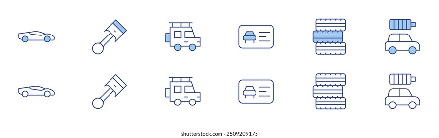 Car icon set in two styles, Duotone and Thin Line style. Editable stroke. driving license, sport car, piston.