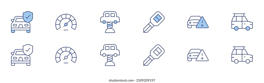 Car icon set in two styles, Duotone and Thin Line style. Editable stroke. car key, insurance, speedometer.