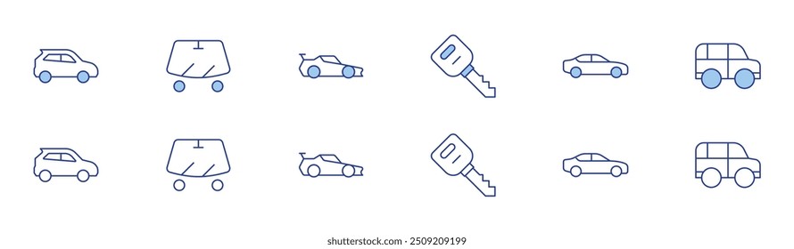 Car icon set in two styles, Duotone and Thin Line style. Editable stroke. car key, hatchback, sedan, car, windshield.
