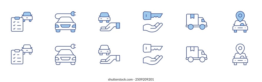 Ícone de carro definido em dois estilos, Duotônico e Linha fina. Curso editável. chave do carro, teste de condução, caminhão de entrega.