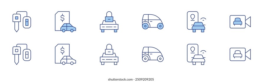 Car icon set in two styles, Duotone and Thin Line style. Editable stroke. car key, car, location pin, car loan.