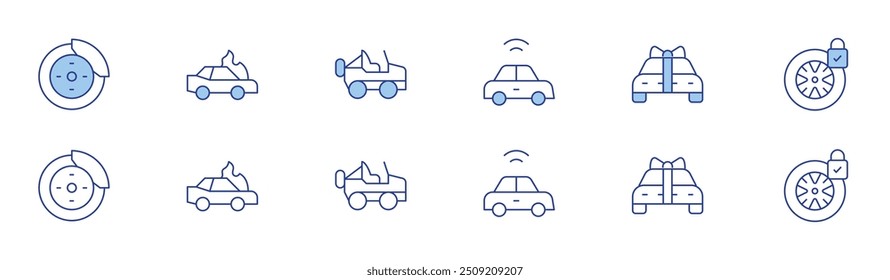 Car icon set in two styles, Duotone and Thin Line style. Editable stroke. brake disc, fire, smart.