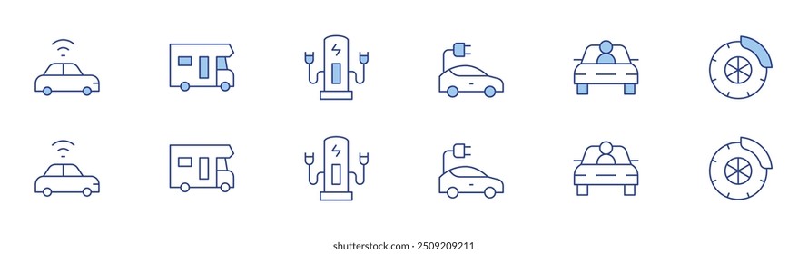 Icono del coche fijado en dos estilos, estilo Duotone y línea fina. Movimiento editable. coche autónomo, coche eléctrico.