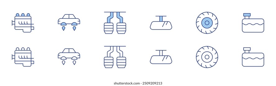 Car icon set in two styles, Duotone and Thin Line style. Editable stroke. car engine, rearview mirror, wheel, water tank.
