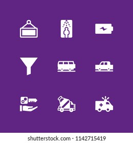car icon set. van, concrete mixer and battery vector icon for graphic design and web