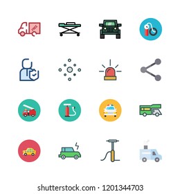 car icon set. vector set about air pump, siren, share and electric car icons set.