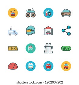 car icon set. vector set about speedometer, garage, highway and helmet icons set.