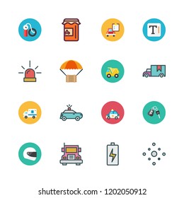 car icon set. vector set about dump truck, air pump, cargo truck and siren icons set.