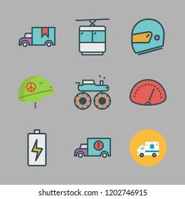 car icon set. vector set about cargo truck, helmet, monster truck and battery icons set.