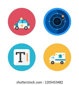 car icon set. vector set about radar, text, police car and ambulance icons set.