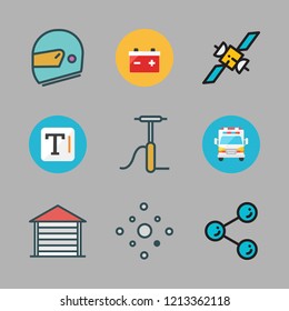 car icon set. vector set about share, hail, air pump and ambulance icons set.