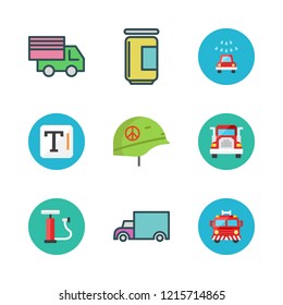 car icon set. vector set about helmet, fire truck, text and cargo truck icons set.