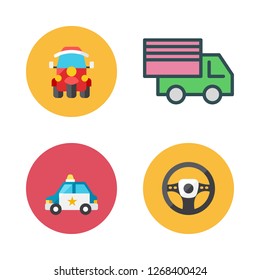 car icon set. vector set about tuk tuk, police car, steering wheel and cargo truck icons set.