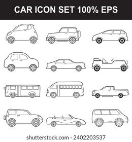 Car icon set. Car icon set. Car vector. Various vehicle icon set. Sets of car icon and logo. Different Transport icons outline stroke on white background. Vector Illustration