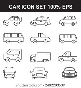 Car icon set. Car icon set. Car vector. Various vehicle icon set. Sets of car icon and logo. Different Transport icons outline stroke on white background. Vector Illustration