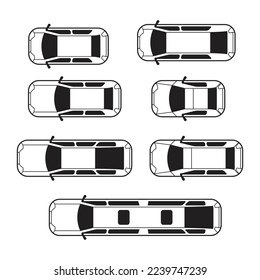 Car icon set, view from above, black isolated on white background, vector illustration.