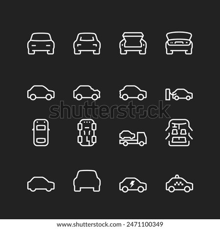 Car icon set, white lines on black background. Vehicle from various angles - front, side, interior, damaged, bonnet, boot, tow truck. Customizable line thickness.
