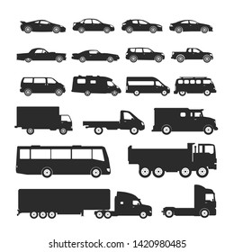 Car icon side view set, black silhouette. Road vehicle with four wheels, business transportation and automobile sport. Vector different cars illustration